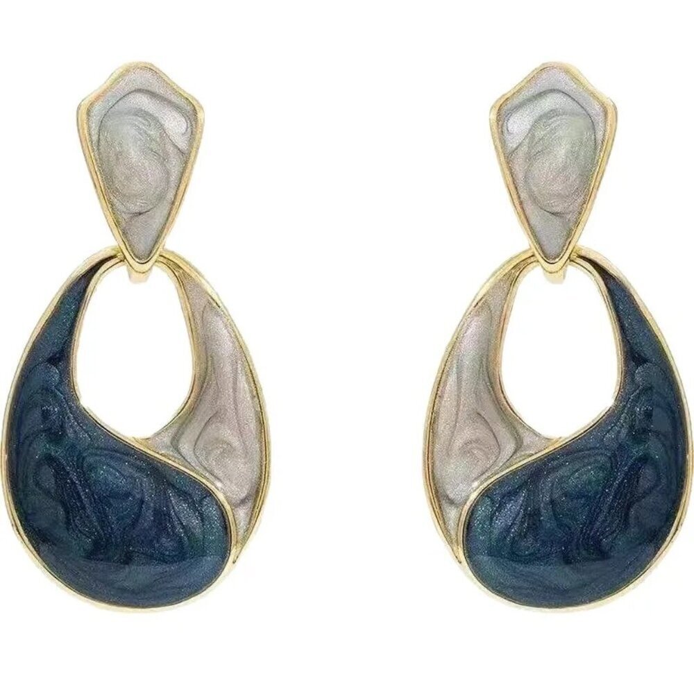 Cute Blue Geometric Drops Women Blue Enamel Water Drop Dangle Earrings 1.3"